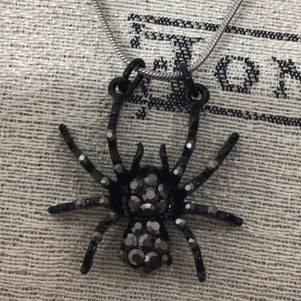 Black Widow Spider Metal Pendant W/ Rhinestone Hourglass on Stainless Chain. New